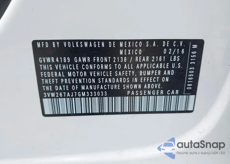 2016 Volkswagen Jetta 1.4T S из США, поврежденный, VIN 3VW267AJ7GM333033